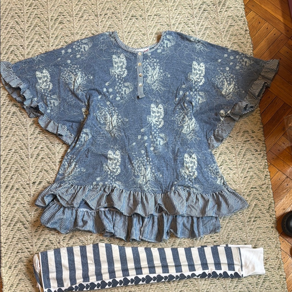 Paper Wings Tiered Ruffle Dress & Striped Leggings Girls size 10